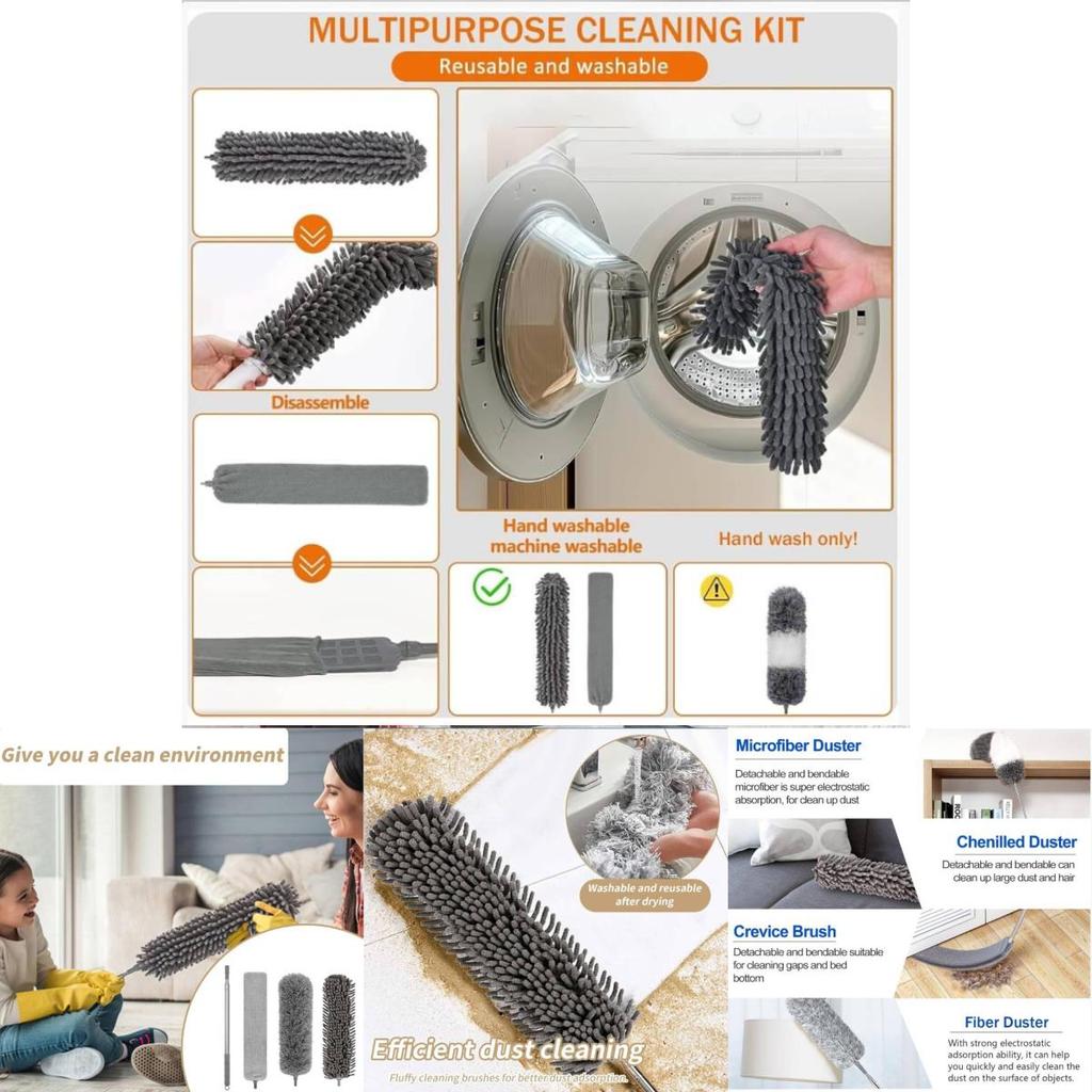 Fiber Material Telescopic Duster With Flat Head For Furniture And Ceiling Dusting