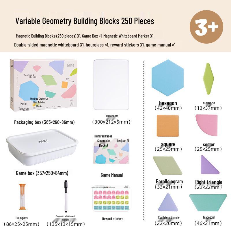 Meile Childhood Magnetic Geometric Blocks - 250 Piece Set for Kids' Shape Recognition and Kindergarten Puzzles