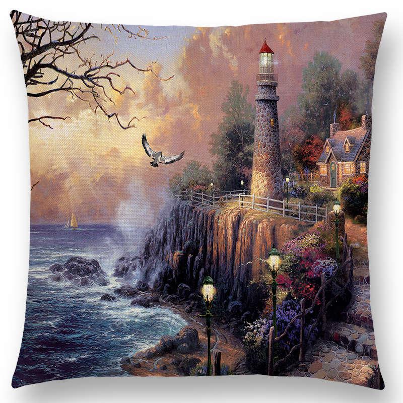 Home Decor Rustic Oil Painting Cushion Cover Beautiful Landscape Castle Lighthouse Sofa Pillow  Bedroom