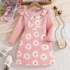 Girls' Outfit Children's Clothing Summer New Ribbed Long Sleeve Top Printed Strap Dress Two-Piece Set