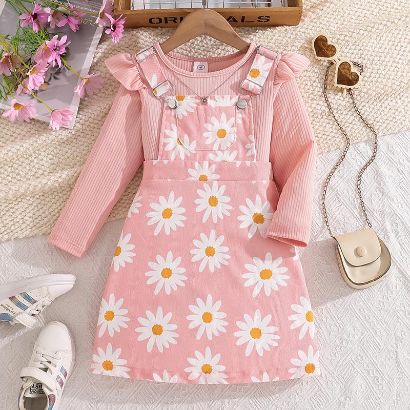 Girls' Outfit Children's Clothing Summer New Ribbed Long Sleeve Top Printed Strap Dress Two-Piece Set