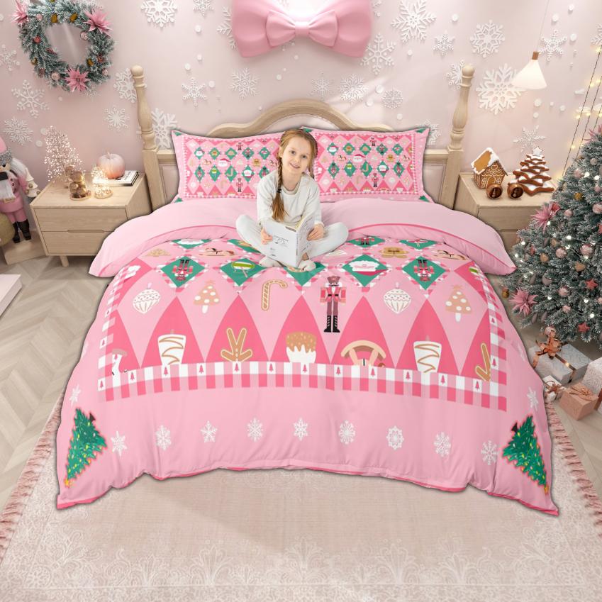 Homewish Frohes Neues Jahr Bettbezug-Set für Kinder 2-teilig/3-teilig, Fröhliche Weihnachten Xmas Bettwäsche, Nussknacker Weihnachtsmann Bettdeckenbezug