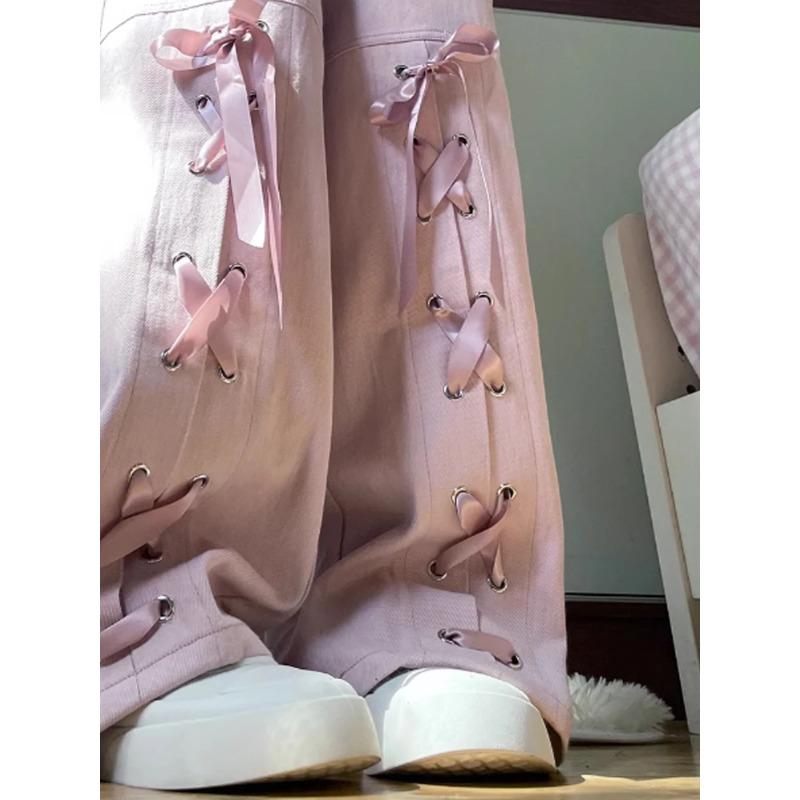 Women Lace-up Pink Jeans Baggy Harajuku 90s Aesthetic Denim Trousers Y2k Oversize Wide Cowboy Pants Vintage 2000s Trashy Clothes