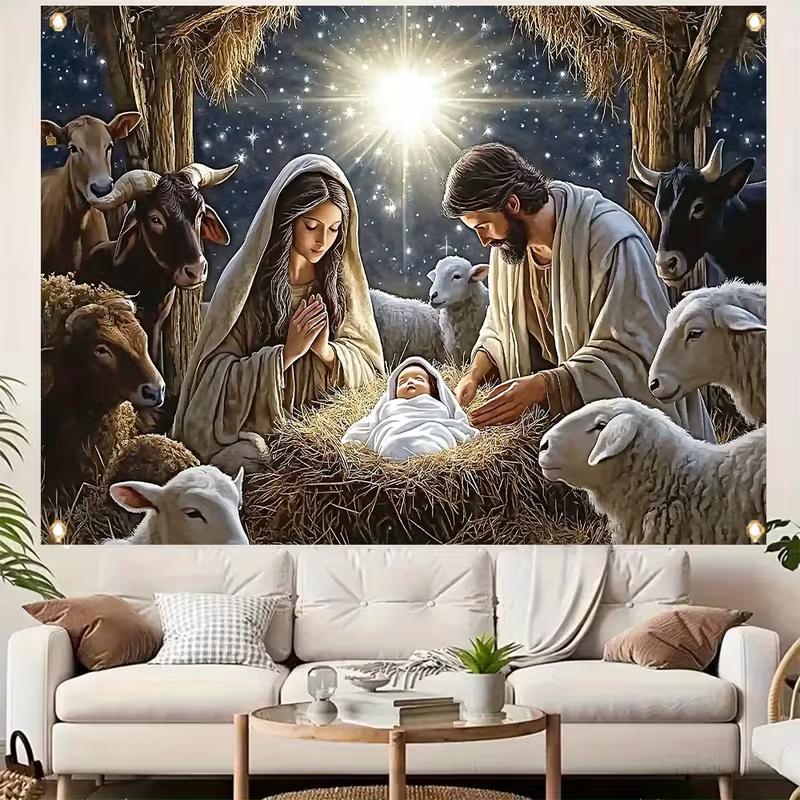 2D Religious Nativity Scene Backdrop, Jesus Birth in Manger with Sheep & Star Christmas Background
