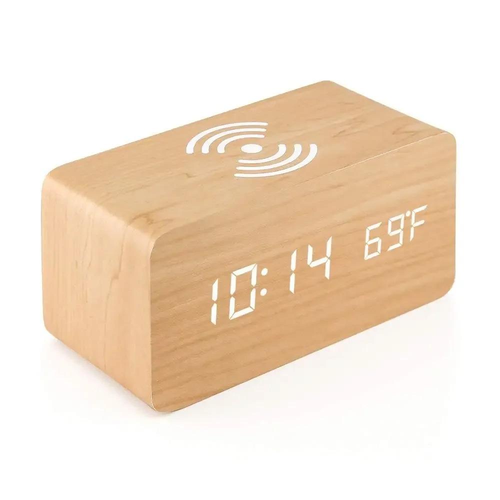 

Wooden Digital Alarm Clock with Wireless Charging LED Desk Clock with Time Date Temperature Ideal for Office and Bedside Use