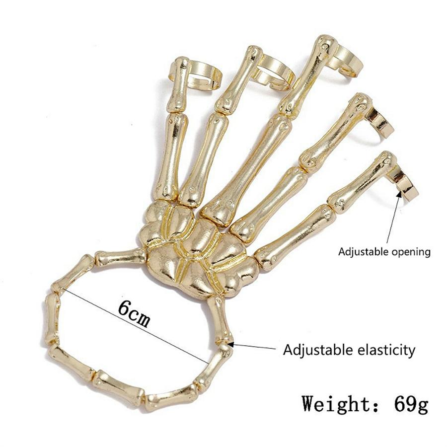 New Unique Punk Skeleton Hand Bone Versatile Five Finger Ring Bracelet Adjustable One Chain Bracelet Halloween Bracelet Unisex