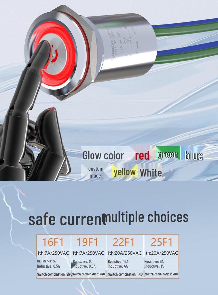Lanbo 16F1 IP68 Waterproof Metal Push Button Switch with LED, Wire, and Stainless Steel Self-Locking Reset