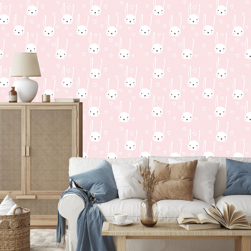 White Bunnies and Hearts Wallpaper for Living Room and Bedroom 50x1000