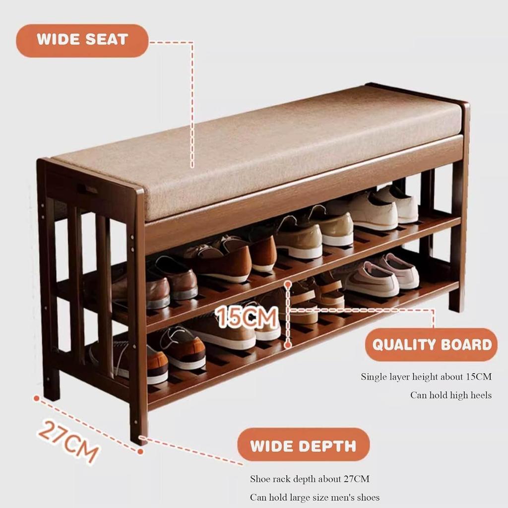 Bamboo Shoe Bench, 3-Tier Storage Rack for Entryway, End of Bed With Cushion, Hallway, Living Room, 19.7" L