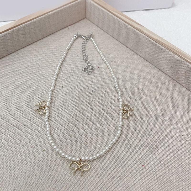 Fashion Elegant Bowknot Charm Necklace Crystal Beaded Clavicle Chain Choker Necklace Statement Jewelry Neck Chain