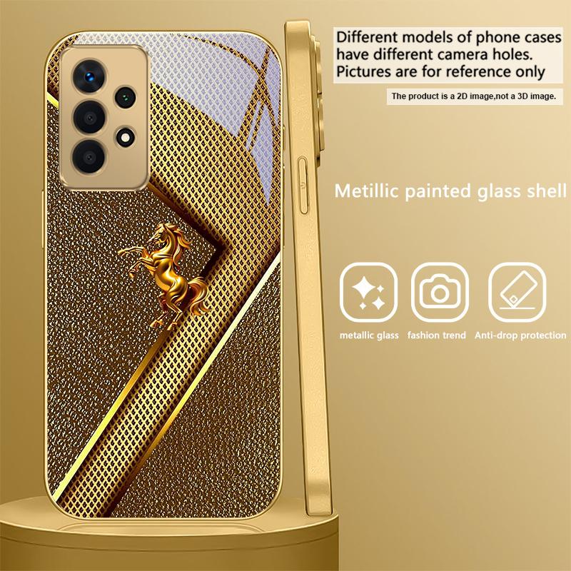Golden horse sculpture For Samsung A 01 52S A04 A05S A10 A12 A13 22 23 24 36 42 M02 Note 10 20Ultra 8 9 Golden glass phone case