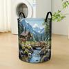 1pc Large Forest Retreat Laundry Basket With Sturdy Handle | Modern Round Design, Durable Polyester Fabric, Natural Landscape Print - Versatile Storag