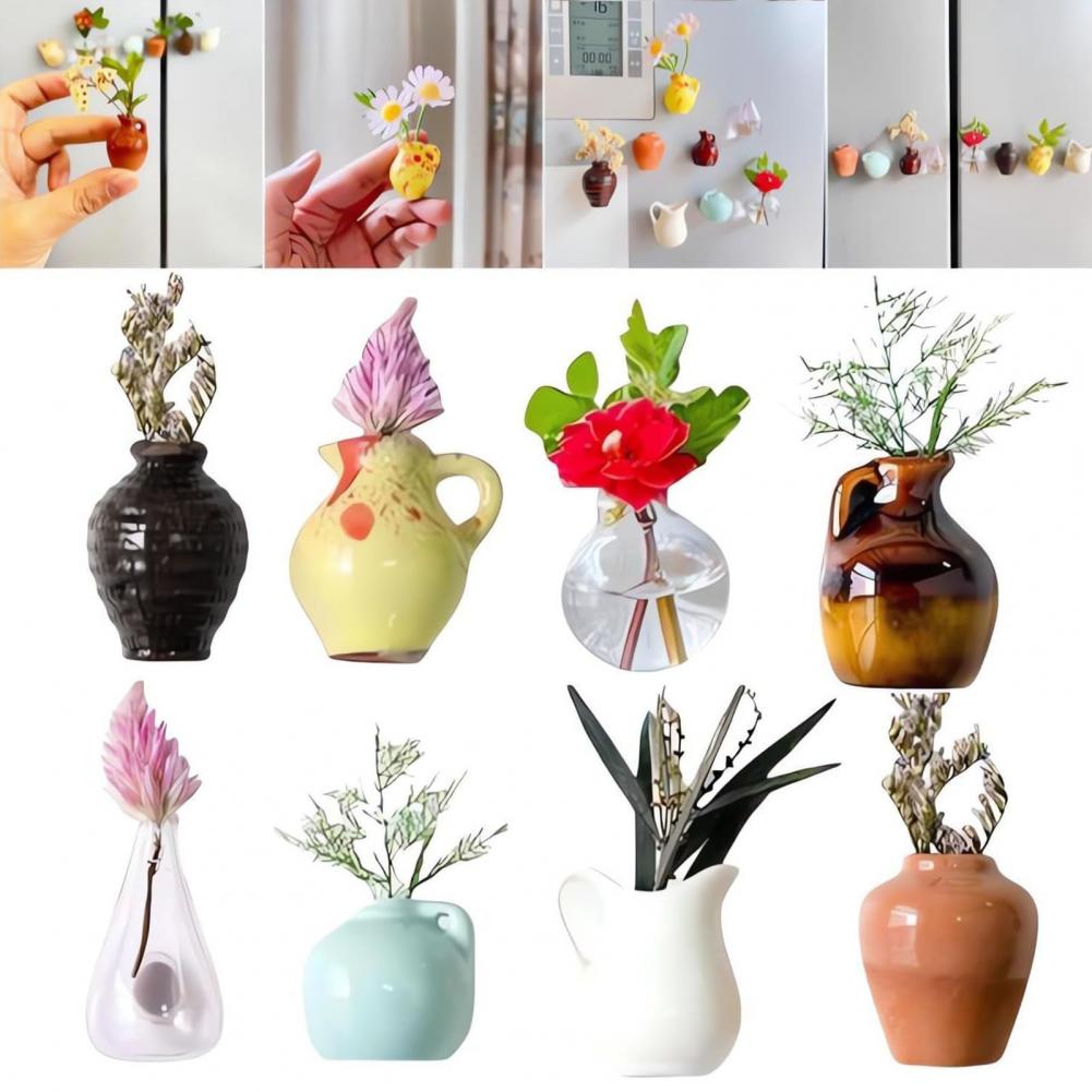 8Pcs Mini Resin Vase Refrigerator Magnet Home Office Kitchen Locker Fridge 3D Miniature Flower Vase Magnetic Decoration Ornament