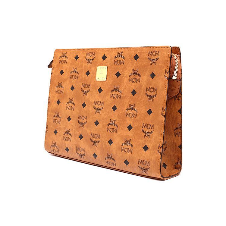 MCM Visetos Leather Clutch Bag with Metal Logo Plaque & Zip Closure for Daily & Party Use