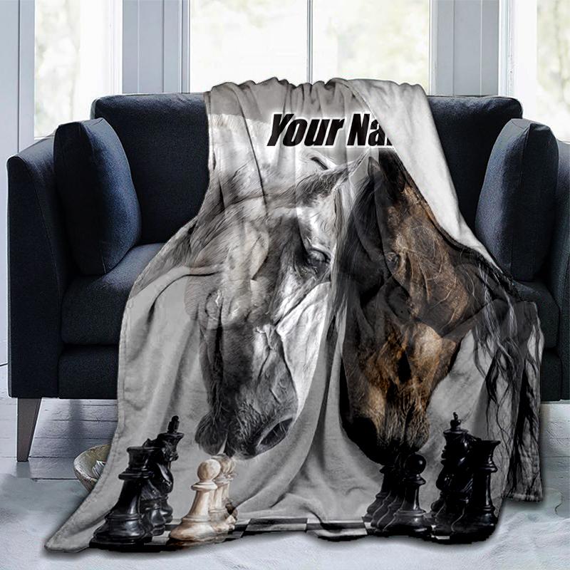 1PC Custom Name Horses Chess Game Flannel Blankets Patterns Throw Blanket All-Season Soft Gift for Couch, Bed, Camping Gifts
