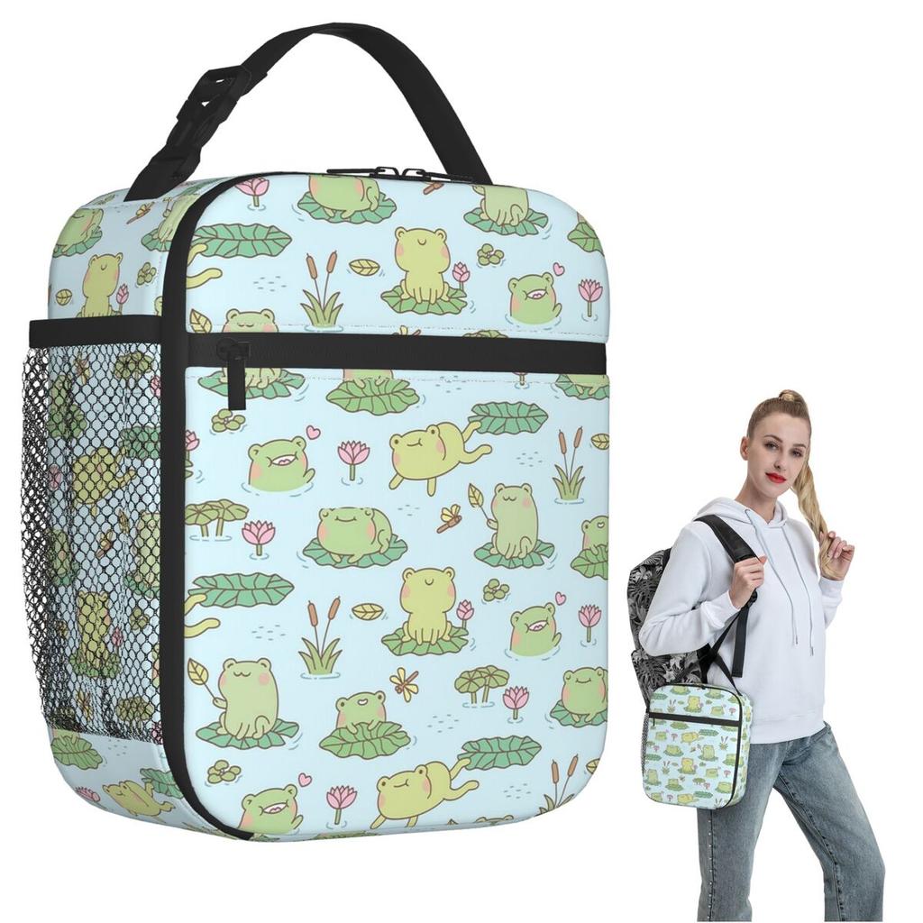 Sac à lunch isotherme motif grenouille mignonne de dessin animé sur feuilles de lotus pour femmes enfants Boîtes alimentaires portables Boîte à lunch thermique Sac fourre-tout