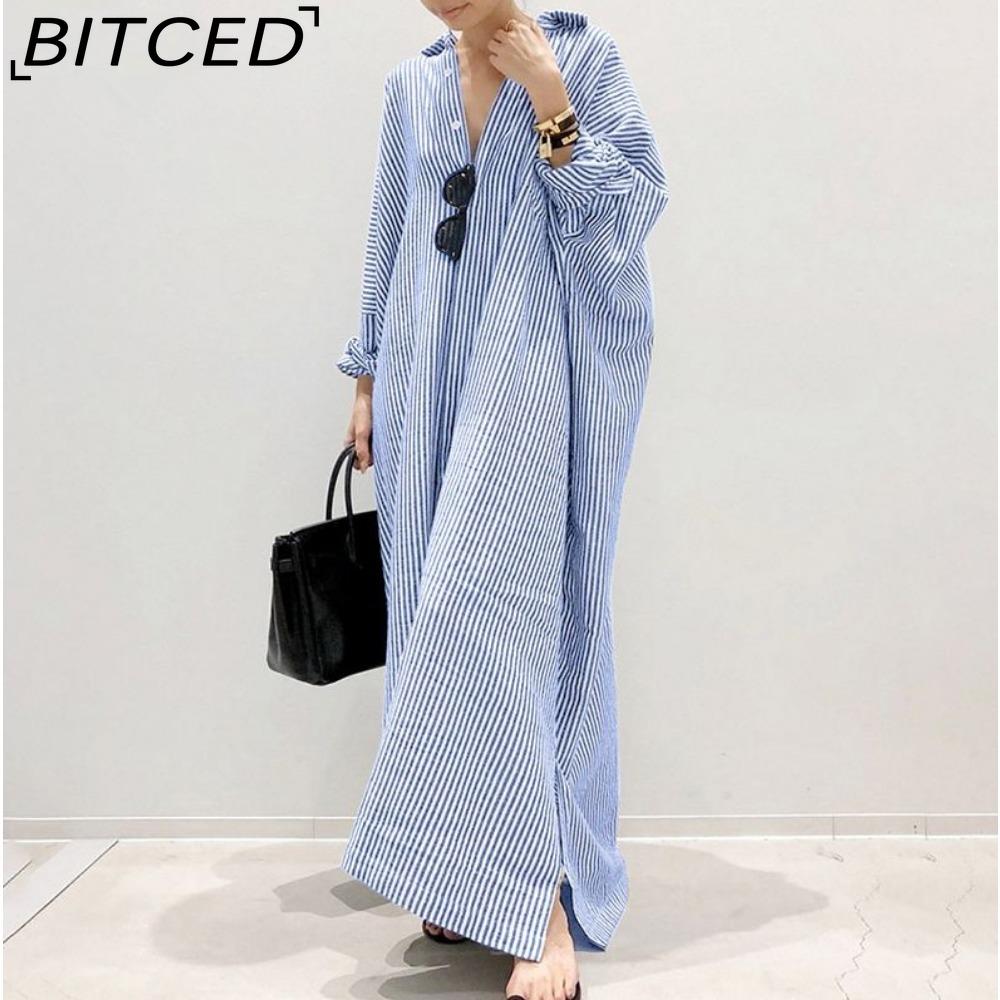 

BITCED Корейский стиль Женское длинное рукава на пуговицах Полосатая повседневная макси-рубашка платье S синий