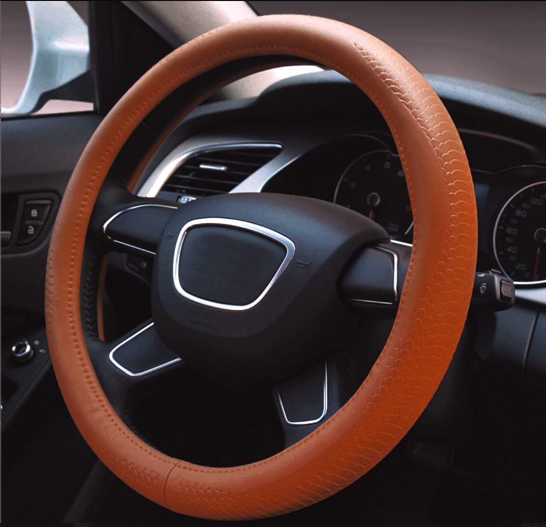 ontto Steering Wheel Fits All Medium Premium Genuine Leather Cover, Comfortable, Non-Slip, Breathable, Seasons, Size, Stylish,