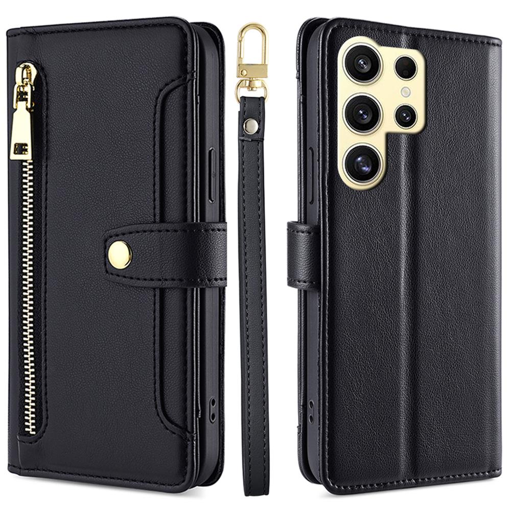 For Samsung Galaxy S24 Ultra Cell Phone Case Magnetic Leather Wallet Card Holder Phone Cover with 2 Straps
