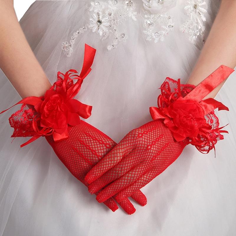 

Short Mesh Gloves with Flower Sheer Wedding Bridal Gloves Lace Gloves for 1950s Costume Party Opera Prom 1 червоний