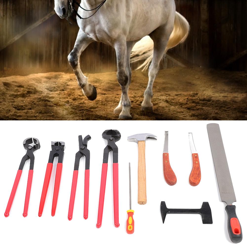 9 PEÇAS Aço Ferro Cabo Ergonômico Alicate Cortador de Cascos Ferradura Lima Martelo de Unha Ferramenta para Cascos Cavalo