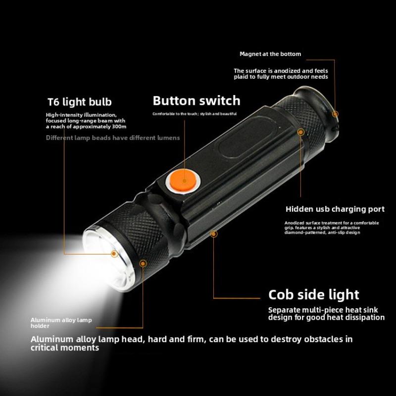 Super Bright T6+COB LED Flashlight - Rechargeable Magnetic Work Lamp, Telescopic Zoom & Long Battery Life Emergency Torch