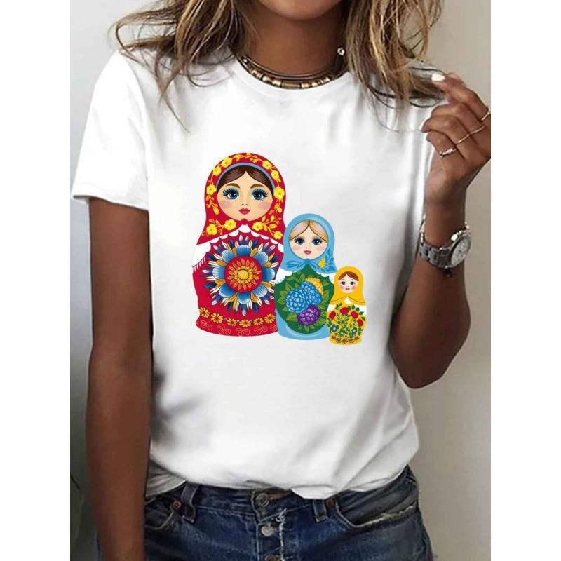 Women's Russian Matryoshka Doll Print T-Shirt Casual Crew Neck Short Sleeve Everyday Top