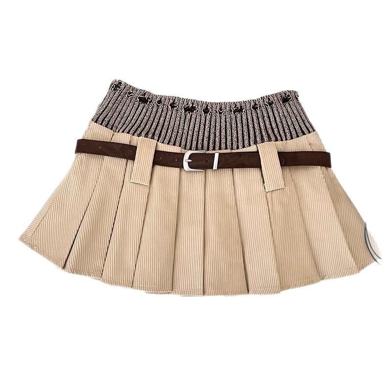 2025 Autumn High Waist Pleated Knit-Corduroy Skirt with Belt