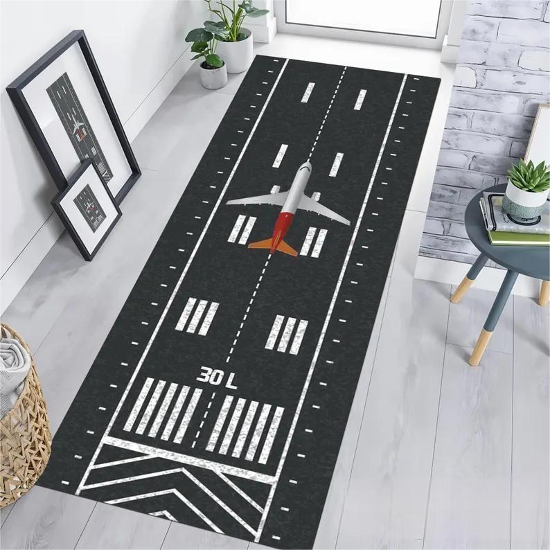 Airplane Runway Runner Rug Glow-Inspired Airport Hallway Carpet for Kids Pilot Gift Aviation Themed Modern Floor Mat Bedroom