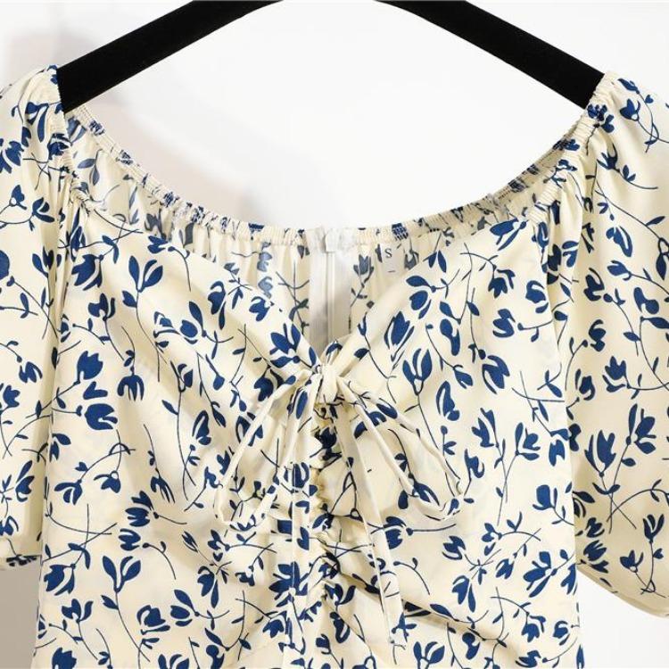 Korean Style Elegant Floral Printed Women Mini Dress Bohemian Pleated Puffy Sleeve Sexy Summer Vestidos Shirring Female Short Dress