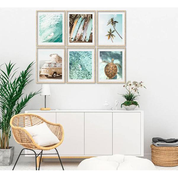 EVPYXFUT Set of 6 Tropical Beach Canvas Wall Art Surf Poster Summer Ocean Coastal Pictures Turtle Print Palm Tree Surfboard Gallery Paintings