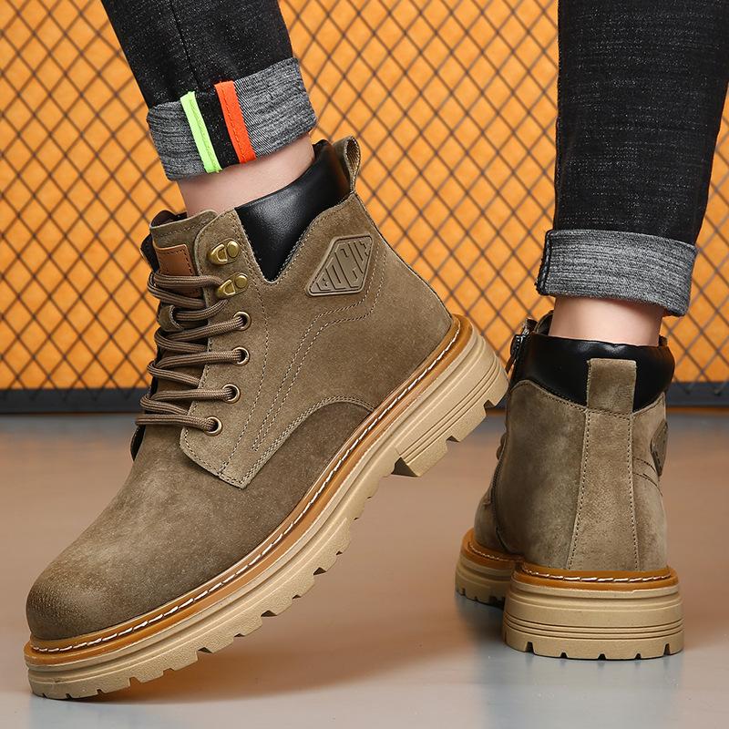 Retro Pig Leather Motorcycle Boots for Men New Designer Autumn Winter Work Boots Man Fleece Keep Warm Platform Shoes Male