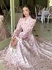 2025 Spring Retro Elegant Floral Long Dress with Waist-Hugging Long Sleeves for Women.