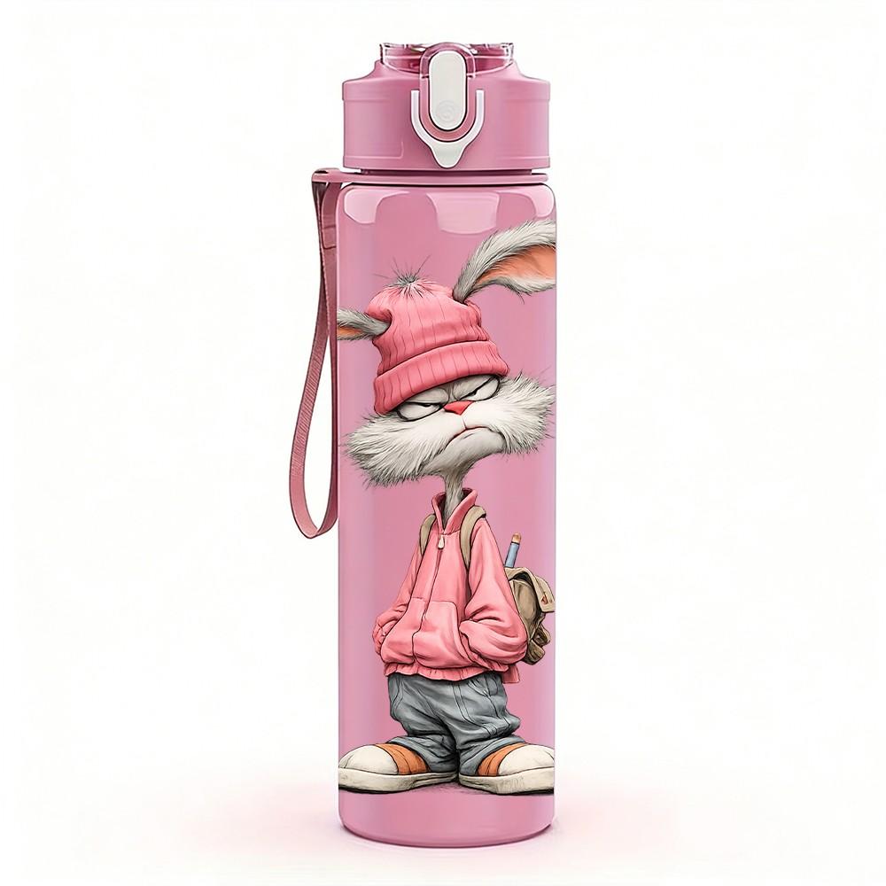 1PC Pink Bunny Rabbit Rag Doll Print 750ml Color Plastic Sports Water Bottle Leakproof Flip Straw Lid Suitable for Sports Office Home Use