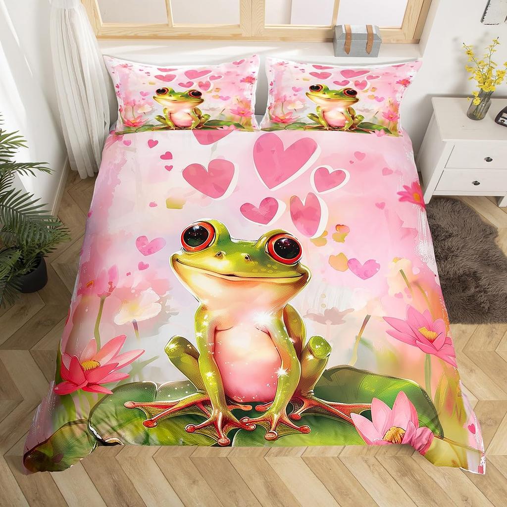 Frog And Lotus Leaf Duvet Cover Sets For Kids Boys Girls Lightweight Quilt Covers Green Animals Themed Bedding Set Bedroom Decor