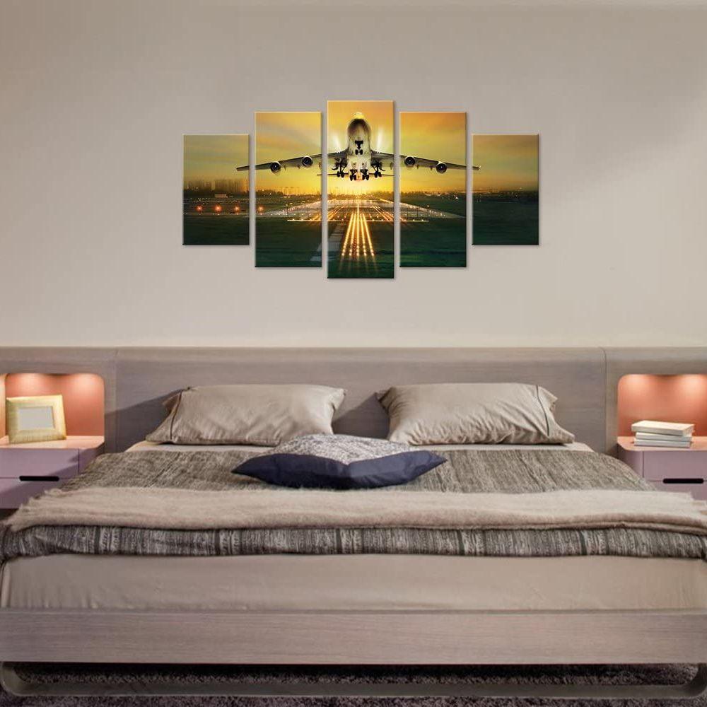 Commercial Airplane Take Off Airport Night Landscape Canvas 5 Pcs Wall Art Posters Pictures Paintings for Living Room Home Decor