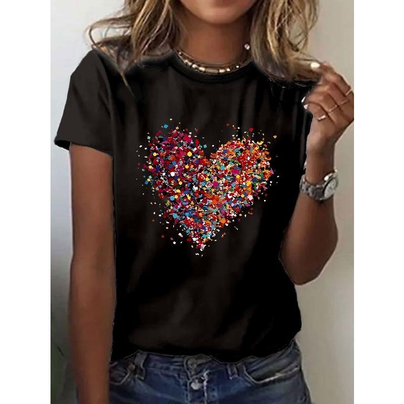 European Size Multiple Heart Elements Printed T-Shirt, Short Sleeve Crew Neck Casual Tops for Summer and Spring, Women's