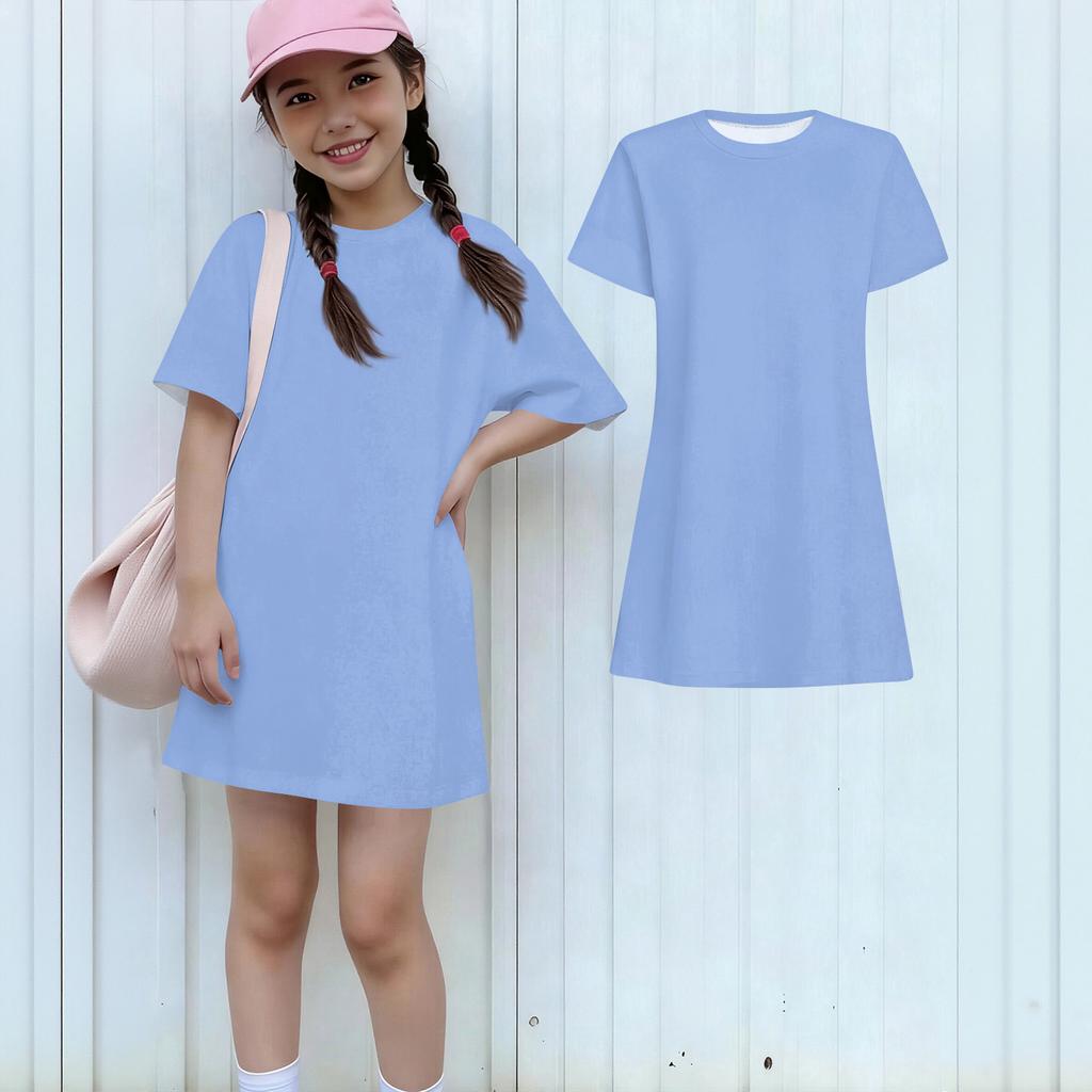Girls Casual Sundress Kids Loose Round Neck Short Sleeve Lightweight Dress