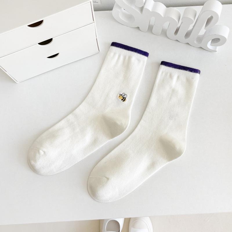 Trendige Damensocken Farbpassend, Niedliche Socken mit Stickerei kleiner Tiere, Vielseitige Baumwoll-Sockenstapel