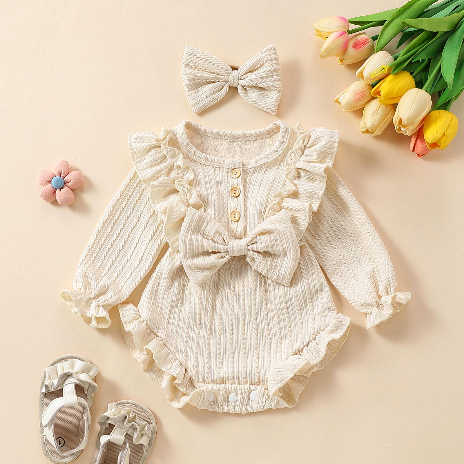 E2302A Toddler Girls Princess Bow Romper with Headband - Sweet Long Sleeve Two-Piece Outfit 3-6M абрикосовый