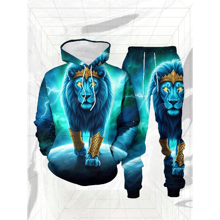 Men s Trendy Street Style Hooded Sweatshirt And Long Pants Set with Starry Lion 3D Print, Casual Sports 2pcs Set, Versatile Fashion Streetwear S разноцветный
