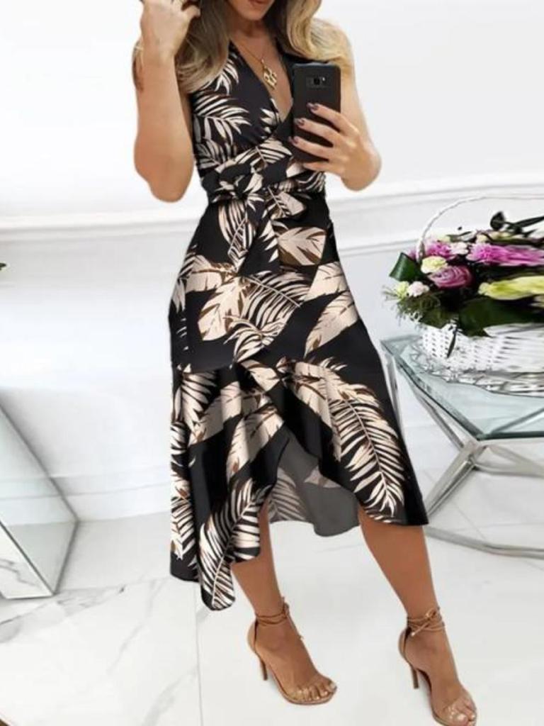 Abito con Scollo a V e Stampa Floreale Vestibilità Aderente Vita Alta Abito Asimmetrico Elegante Abiti Senza Maniche Casual Donna