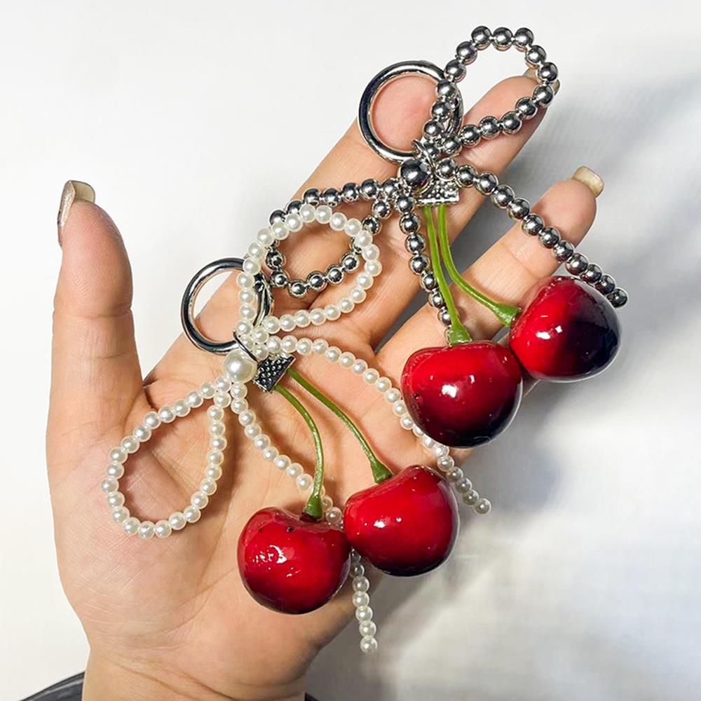 Cherry Bag Pendant Keychain Lace Bow Ribbon Phone Chain Hanging Pendant Backpack Decoration Bag Pendant Bowknot Imitation Pearl