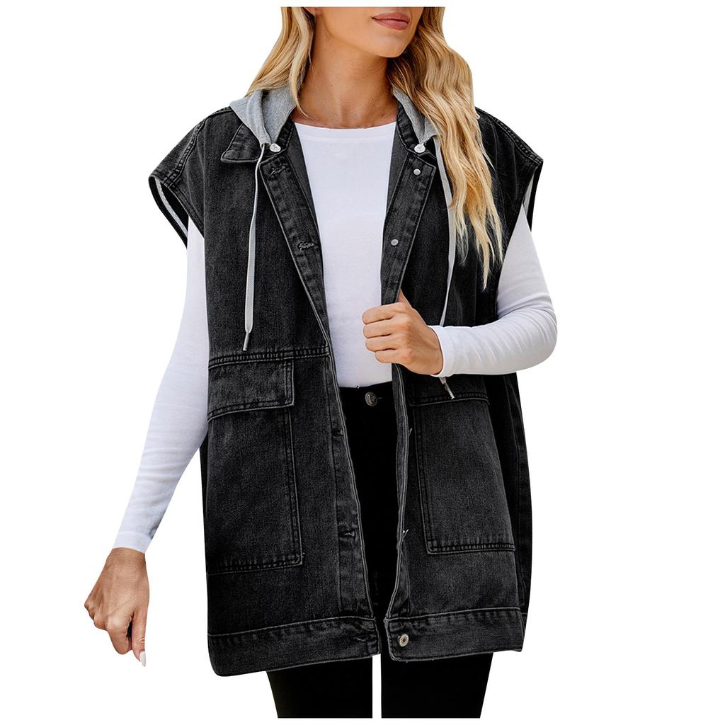 Women's Casual Denim Vest Vest Large Pocket Sleeveless Hooded Detachable Vest Jacket