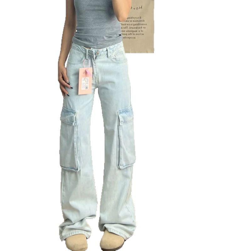 College style light-colored wide-leg tooling jeans women's winter new high-waisted loose and thin straight floor pants
