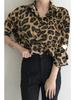 Damen Retro Leopardenmuster Langarm Revershemd