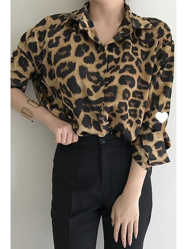 Damen Retro Leopardenmuster Langarm Revershemd