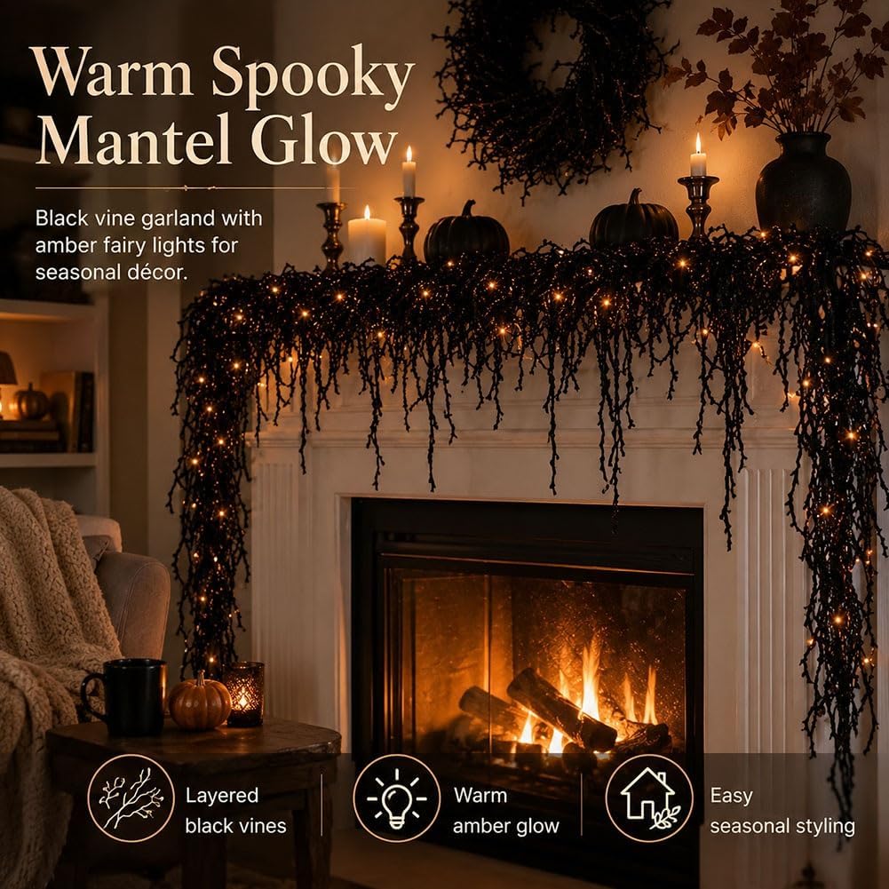 Halloween Fireplace Decor Set with LED Lights Black Vine Garland for Mantel, Table, Stair, Home, Window & Spooky Party Decor, Gift Decor for Home