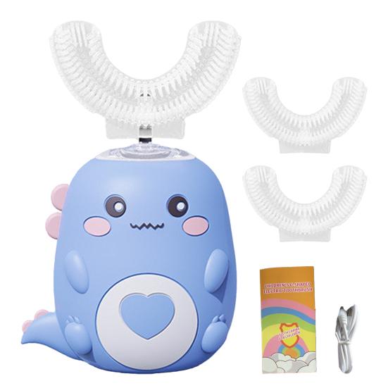 Kids U-Shaped Ultrasonic Electric Toothbrush with 2 Silicone Brush Heads IPX7 Waterproof Automatic Cartoon Dinosaur Toddlers Boys Girls Rechargeable