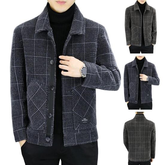 Herrenjacke Revers Langarm Plaid Print Mantel mit Taschen Einreihiger Verschluss Verdickte Oberbekleidung